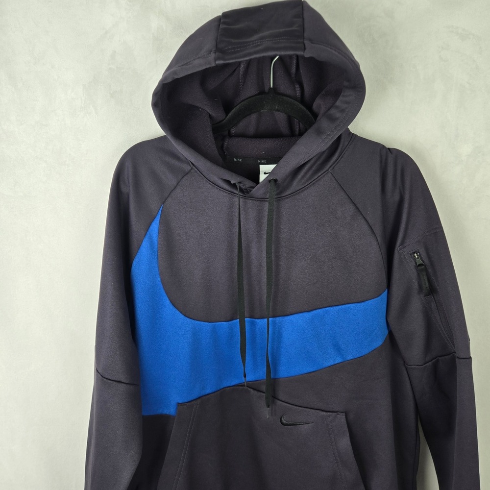 Nike Therma-FIT Mens Hoodie L Cave Purple Blue Big Swoosh Sleeve Pocket Pullover